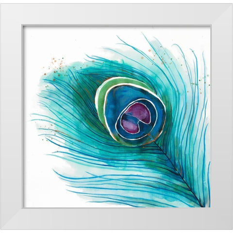 Peacock Feather Closeup White Modern Wood Framed Art Print by Atelier B Art Studio