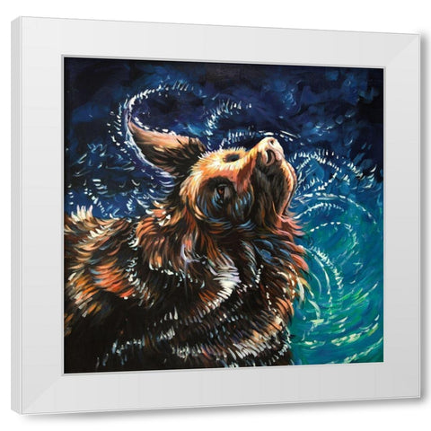 WET GOLDEN RETREIVER SHAKING TO DRY White Modern Wood Framed Art Print by Atelier B Art Studio