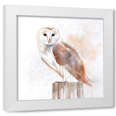 Snow Owl on a Log White Modern Wood Framed Art Print by Atelier B Art Studio