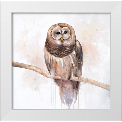 Owl on a Branch White Modern Wood Framed Art Print by Atelier B Art Studio