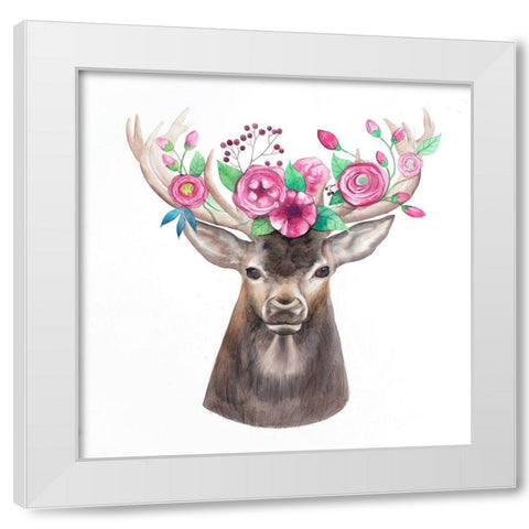 DEER HEAD WITH FLOWERS White Modern Wood Framed Art Print by Atelier B Art Studio