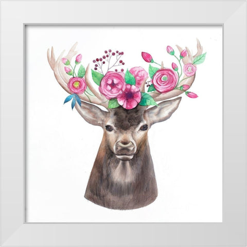 DEER HEAD WITH FLOWERS White Modern Wood Framed Art Print by Atelier B Art Studio