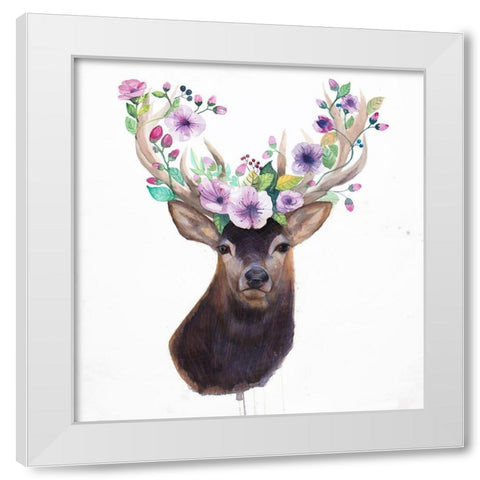 ROE DEER HEAD WITH FLOWERS White Modern Wood Framed Art Print by Atelier B Art Studio