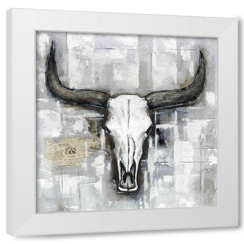 BULL SKULL ON AN INDUSTRIAL BACKGROUND White Modern Wood Framed Art Print by Atelier B Art Studio