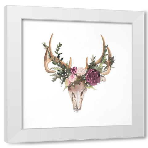 Deer Skull with Flowers White Modern Wood Framed Art Print by Atelier B Art Studio