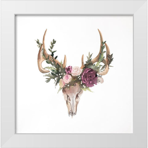 Deer Skull with Flowers White Modern Wood Framed Art Print by Atelier B Art Studio