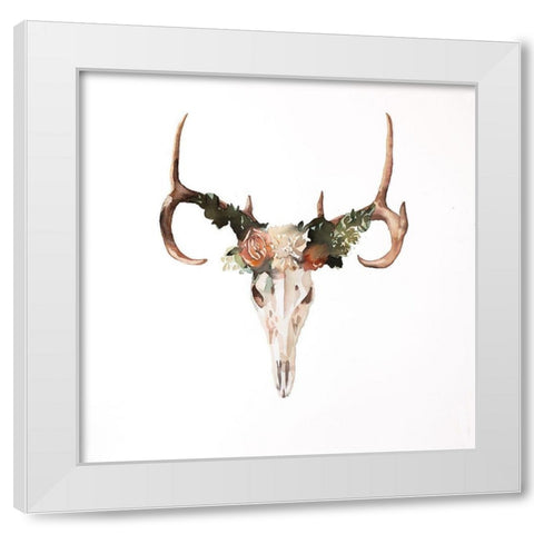 Deer Skull with Roses White Modern Wood Framed Art Print by Atelier B Art Studio