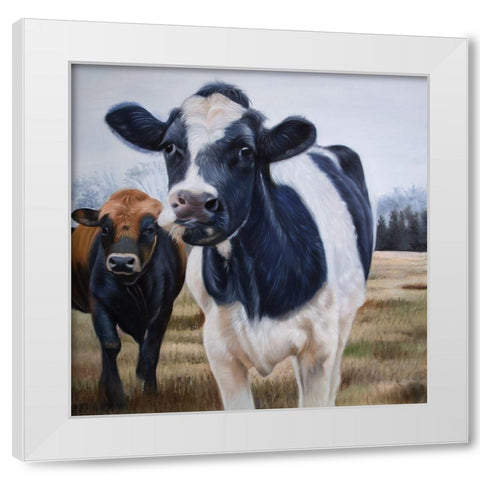 TWO COWS EATING GRASS White Modern Wood Framed Art Print by Atelier B Art Studio
