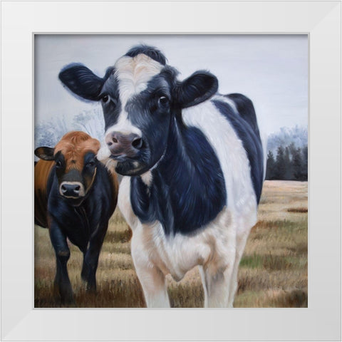 TWO COWS EATING GRASS White Modern Wood Framed Art Print by Atelier B Art Studio