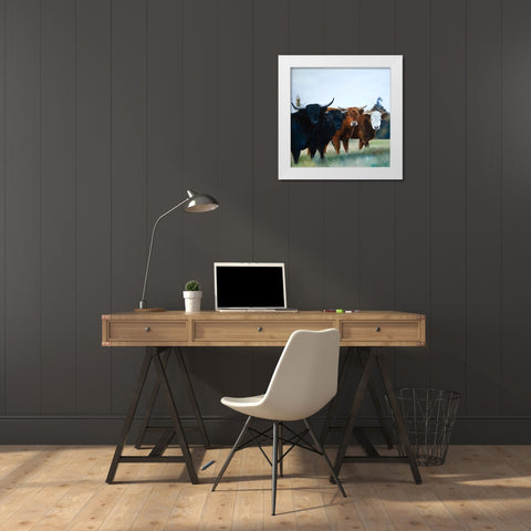 FOUR HIGHLAND COWS White Modern Wood Framed Art Print by Atelier B Art Studio