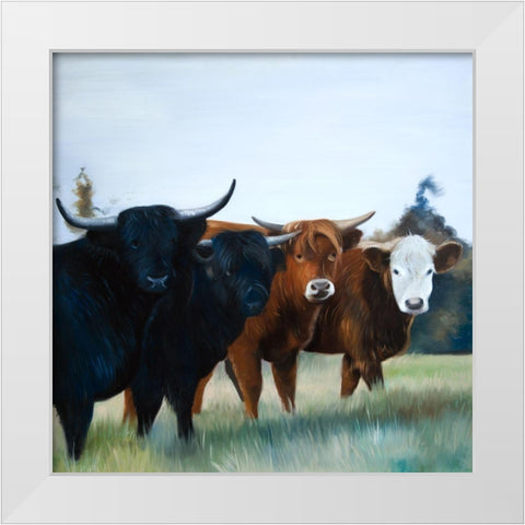 FOUR HIGHLAND COWS White Modern Wood Framed Art Print by Atelier B Art Studio