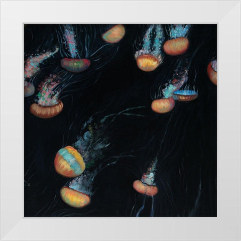 COLORFUL JELLYFISHES SWIMMING IN THE DARK White Modern Wood Framed Art Print by Atelier B Art Studio