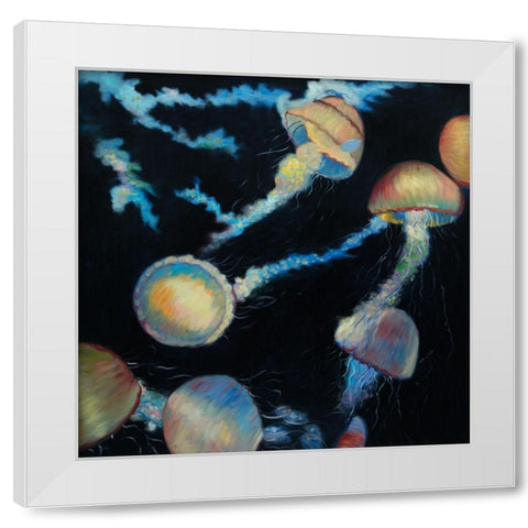 COLORFUL JELLYFISHES IN THE DARK White Modern Wood Framed Art Print by Atelier B Art Studio