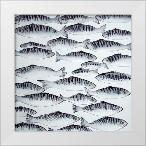 GRAY SHOAL OF FISH White Modern Wood Framed Art Print by Atelier B Art Studio