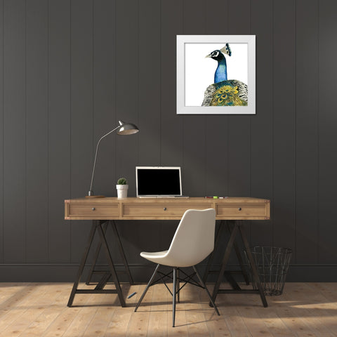 WATERCOLOR PEACOCK White Modern Wood Framed Art Print by Atelier B Art Studio