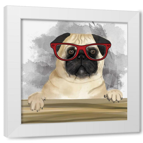 Pug with Glasses White Modern Wood Framed Art Print by Atelier B Art Studio