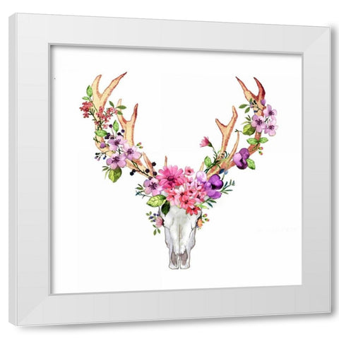 Deer Skull with Flowers  White Modern Wood Framed Art Print by Atelier B Art Studio
