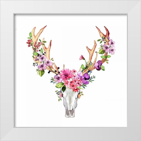 Deer Skull with Flowers  White Modern Wood Framed Art Print by Atelier B Art Studio