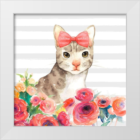 SMALL CAT WITH FLOWERS White Modern Wood Framed Art Print by Atelier B Art Studio
