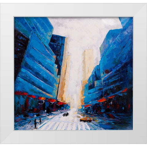BLUE CITY STREET White Modern Wood Framed Art Print by Atelier B Art Studio