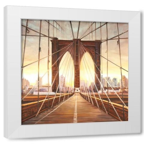 Sunset on the Brooklyn Bridge White Modern Wood Framed Art Print by Atelier B Art Studio