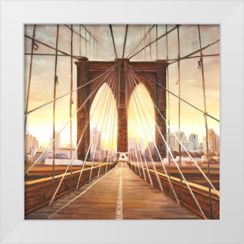 Sunset on the Brooklyn Bridge White Modern Wood Framed Art Print by Atelier B Art Studio