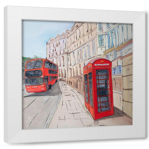 LONDON BUS AND TELEPHONE BOOTH  White Modern Wood Framed Art Print by Atelier B Art Studio