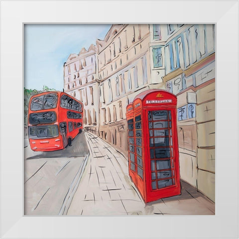 LONDON BUS AND TELEPHONE BOOTH  White Modern Wood Framed Art Print by Atelier B Art Studio