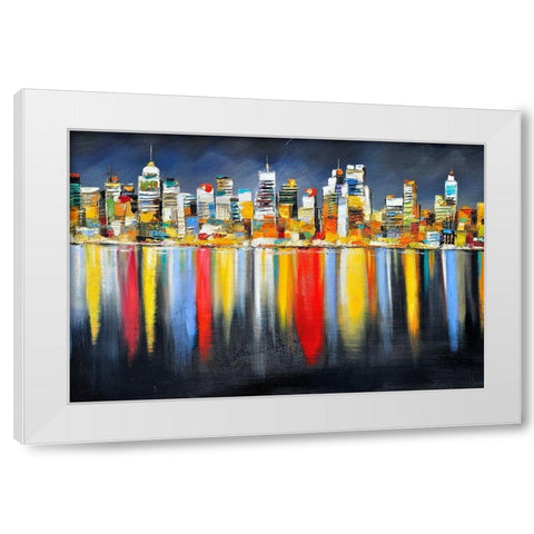 COLORFUL REFLECTION OF A CITYSCAPE BY NIGHT White Modern Wood Framed Art Print by Atelier B Art Studio