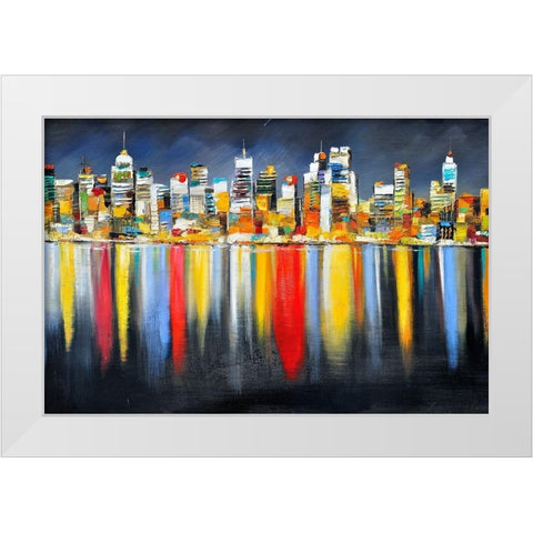 COLORFUL REFLECTION OF A CITYSCAPE BY NIGHT White Modern Wood Framed Art Print by Atelier B Art Studio
