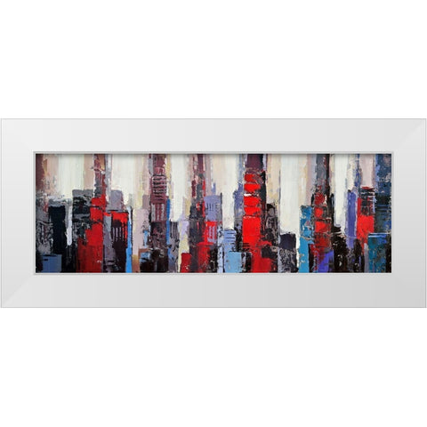ABSTRACT RED AND BLUE BUILDINGS White Modern Wood Framed Art Print by Atelier B Art Studio