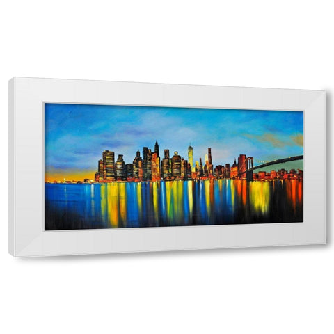 CITY BY NIGHT WITH A BRIDGE White Modern Wood Framed Art Print by Atelier B Art Studio