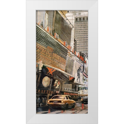 STREET VIEW WITH YELLOW TAXI White Modern Wood Framed Art Print by Atelier B Art Studio