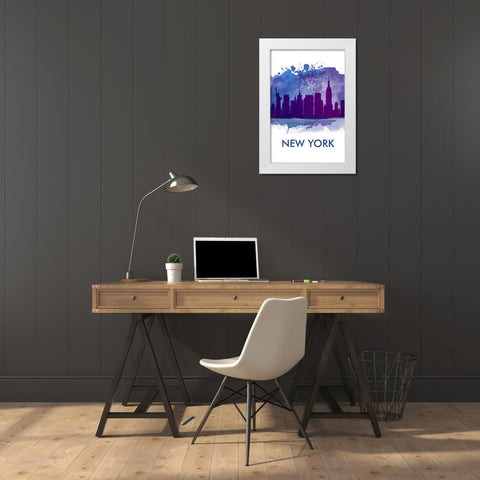 BLUE SILHOUETTE OF NEW YORK CITY White Modern Wood Framed Art Print by Atelier B Art Studio