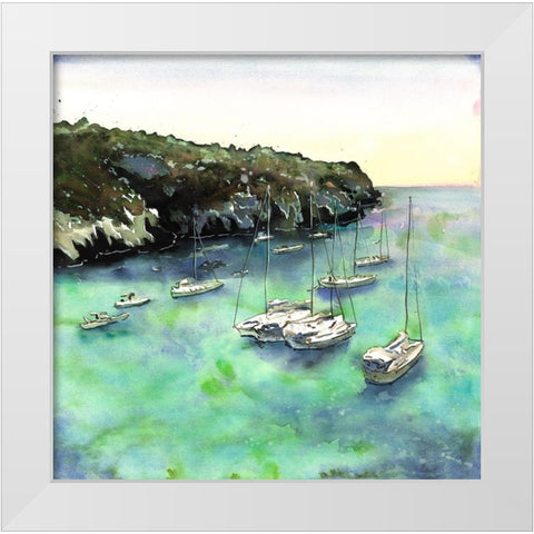 BOATS IN CALA MACARELLA White Modern Wood Framed Art Print by Atelier B Art Studio