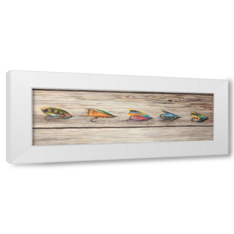 Fishing Flies with Wood Background White Modern Wood Framed Art Print by Atelier B Art Studio