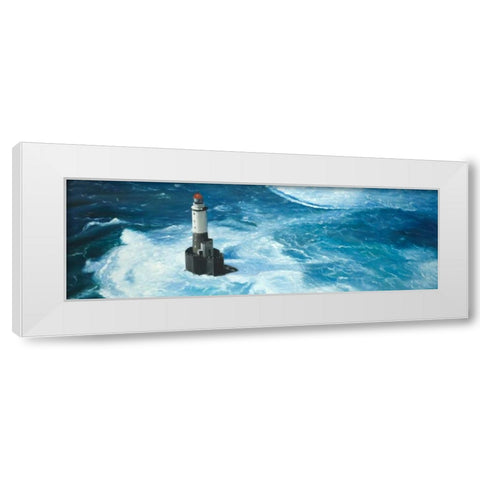 Surfing Waves on a Lighthouse White Modern Wood Framed Art Print by Atelier B Art Studio