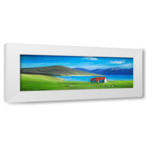 Scottish Highlands with a Little Red Roof House White Modern Wood Framed Art Print by Atelier B Art Studio