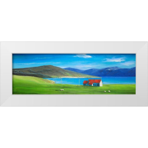 Scottish Highlands with a Little Red Roof House White Modern Wood Framed Art Print by Atelier B Art Studio