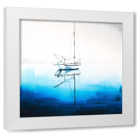 WHITE BOAT ON A DEEP BLUE WATER White Modern Wood Framed Art Print by Atelier B Art Studio