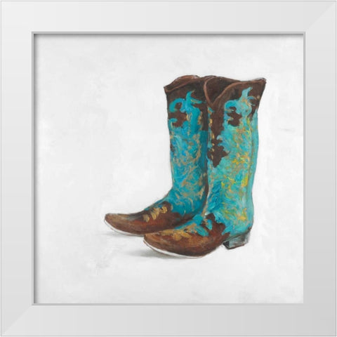 Blue Cowboy Boots White Modern Wood Framed Art Print by Atelier B Art Studio