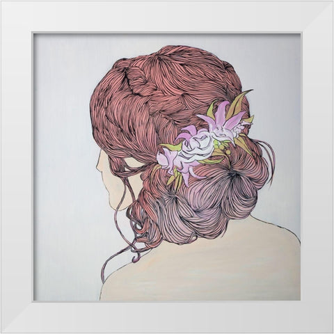 WOMAN FROM BEHIND WITH FLOWERS White Modern Wood Framed Art Print by Atelier B Art Studio