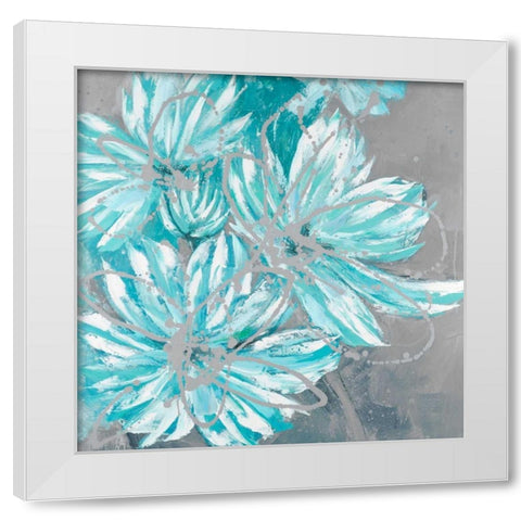 Three Little Abstract Blue Flowers White Modern Wood Framed Art Print by Atelier B Art Studio