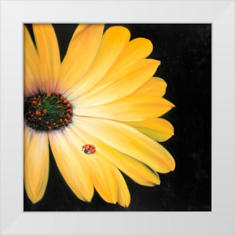 Yellow Daisy and Ladybug White Modern Wood Framed Art Print by Atelier B Art Studio