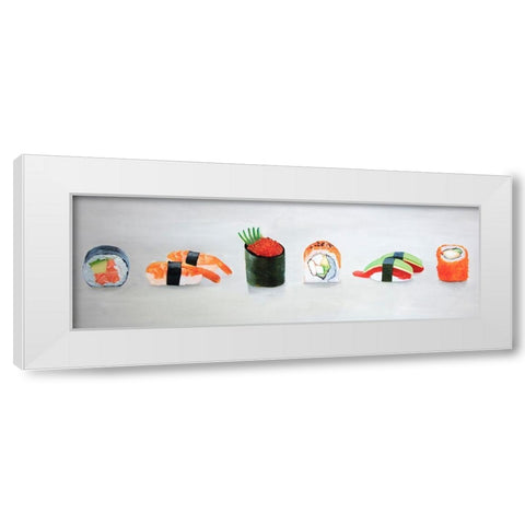 SIX PIECES SUSHI ASSORTMENT White Modern Wood Framed Art Print by Atelier B Art Studio