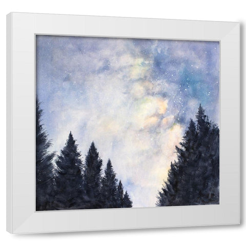 STARRY SKY IN A DARK FOREST White Modern Wood Framed Art Print by Atelier B Art Studio