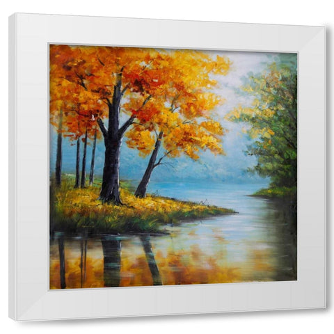 Fall Trees at the Waters Edge White Modern Wood Framed Art Print by Atelier B Art Studio