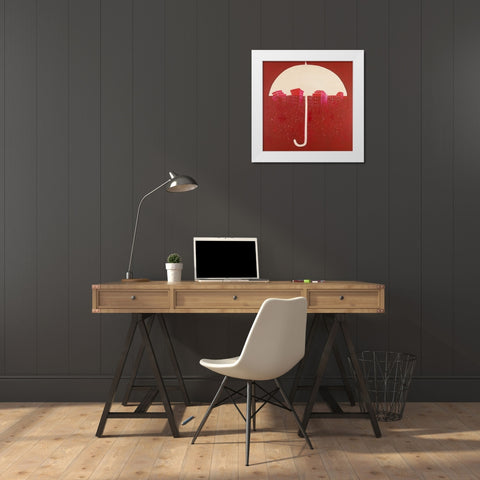 RED CITY UNDER UMBRELLA White Modern Wood Framed Art Print by Atelier B Art Studio