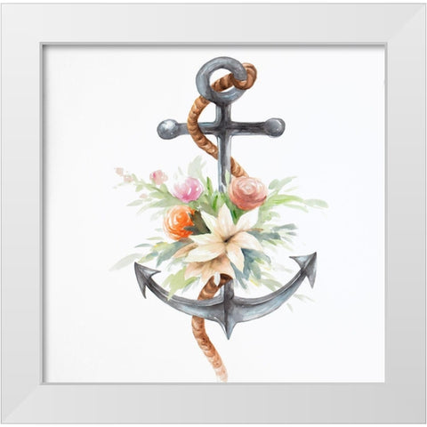 ANCHOR WITH FLOWERS White Modern Wood Framed Art Print by Atelier B Art Studio