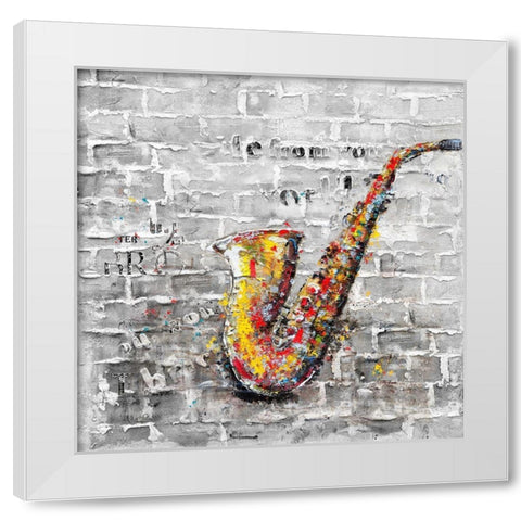 Graffiti of a saxophone on brick wall White Modern Wood Framed Art Print by Atelier B Art Studio